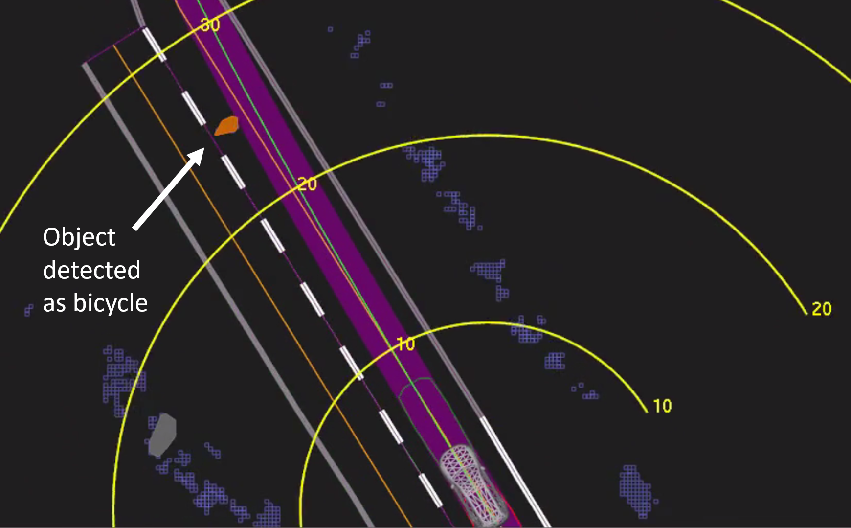 View of the self-driving system data playback at about 1.3 seconds before impact.