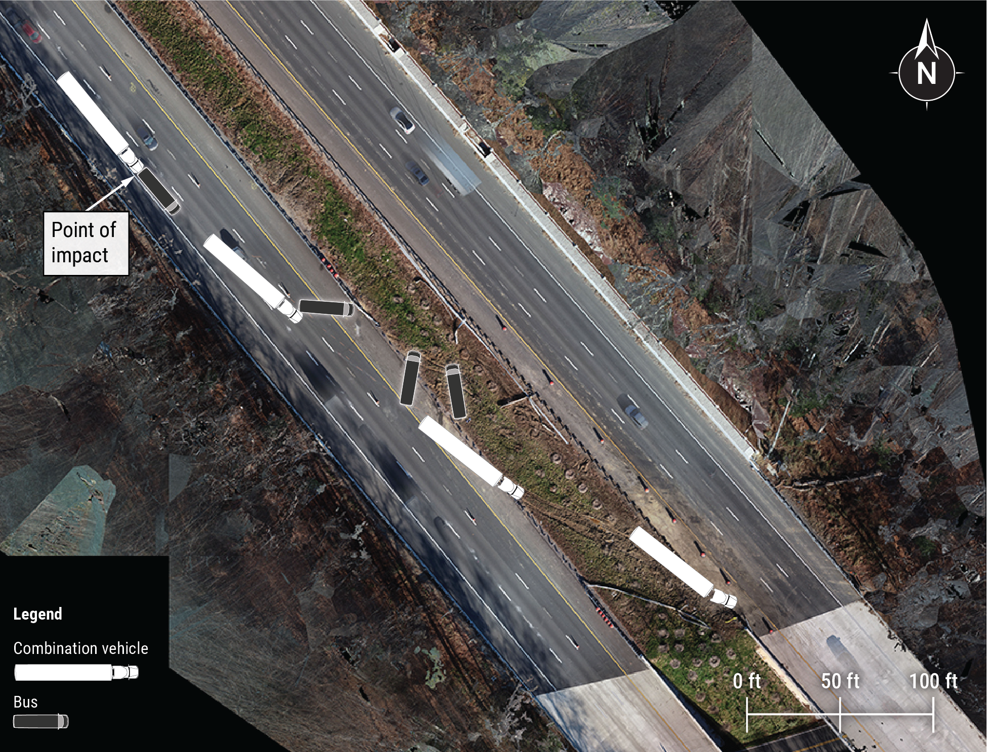 Aerial view of a divided roadway with an earthen median. Overlaid in the image are symbols representing the trajectories of the 