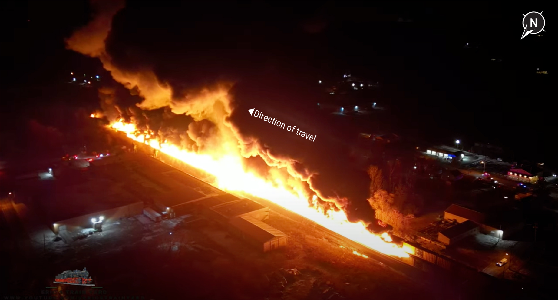 Overhead view of derailment and early fire.