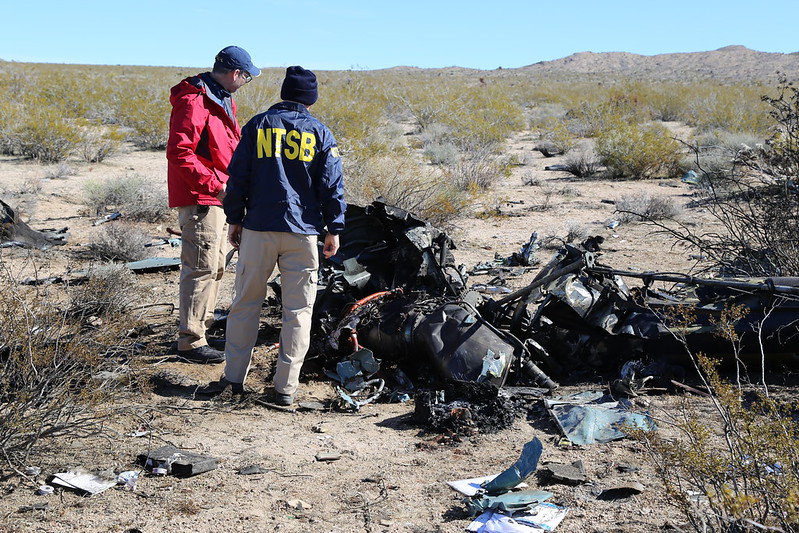 NTSB investigators at the site of the Feb. 9, 2024, crash of an Airbus Helicopters EC-130 near Halloran Springs, California.