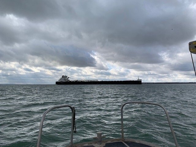 ​Cargo vessel American Mariner anchored in Munuscong Bay, Michigan, after the accident.