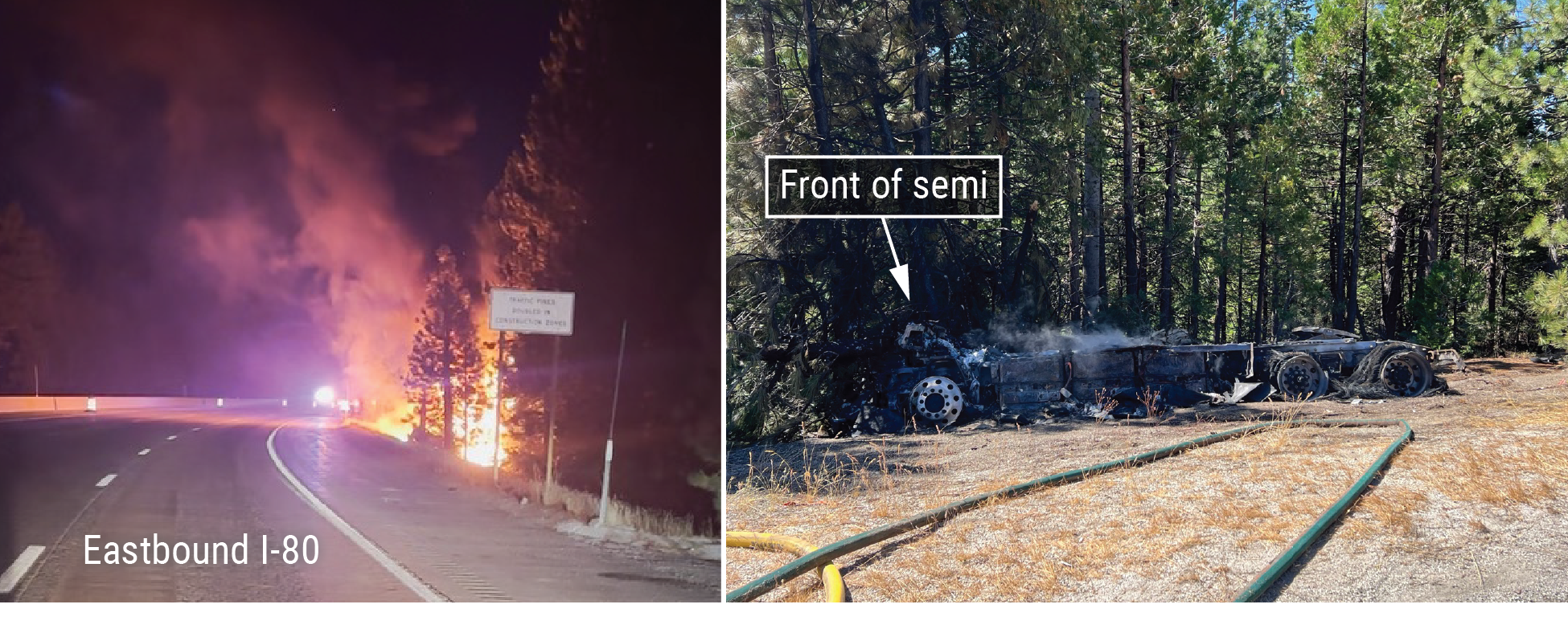 On the left is a photograph of I-80 eastbound, showing the postcrash fire. On the right is a photograph of the 2024 Tesla Semi a