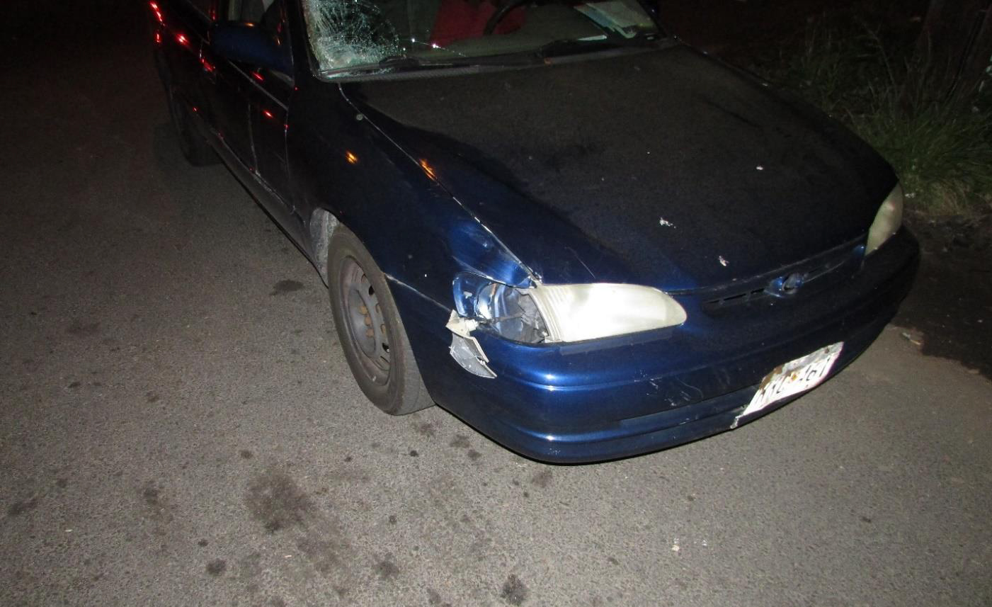 Photograph of crash car taken at scene showing damage to bumper, hood, and windshield from impact with pedestrian.
