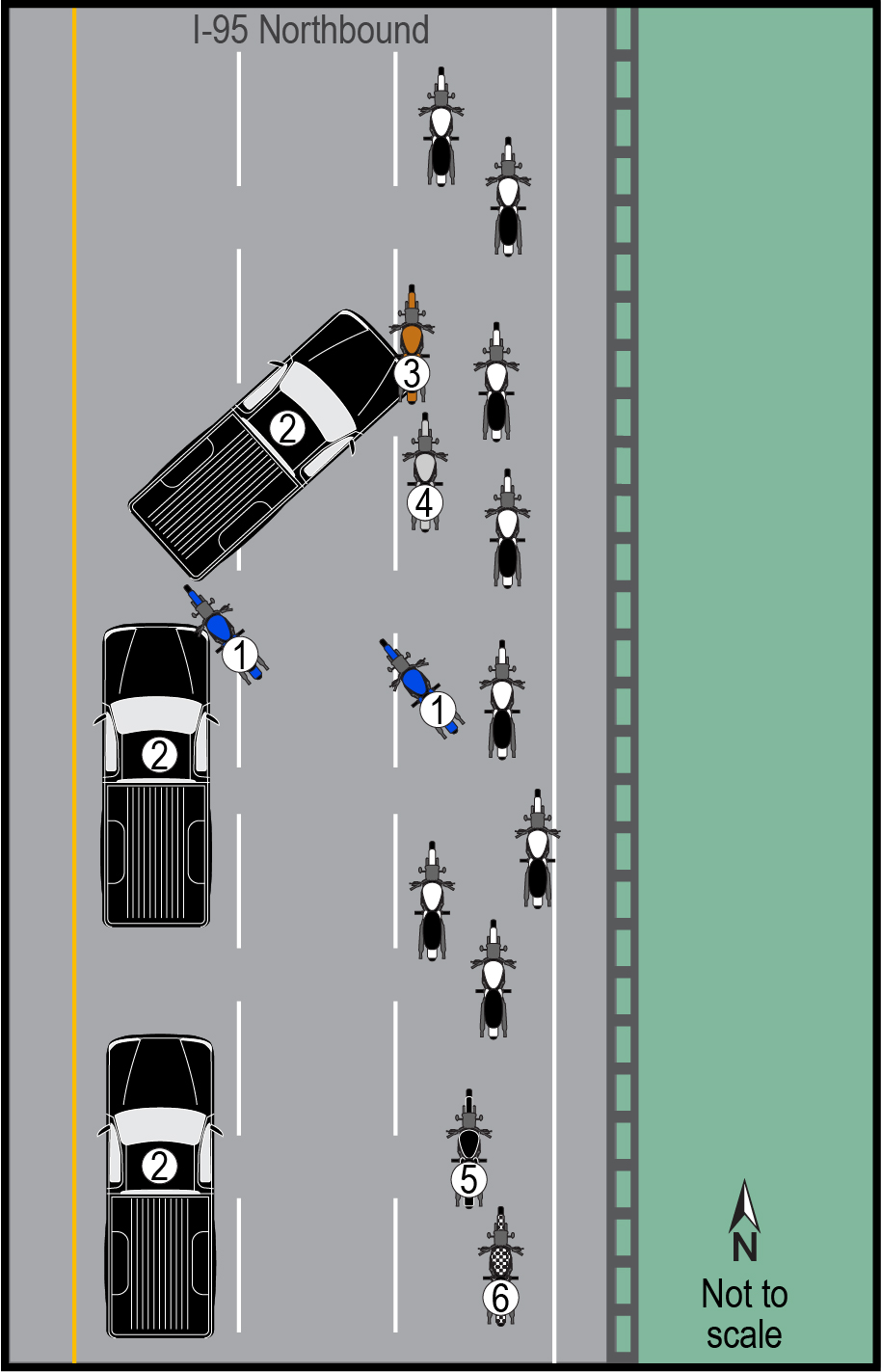 Graphic diagram of the initial stages of the crash sequence, with vehicle.