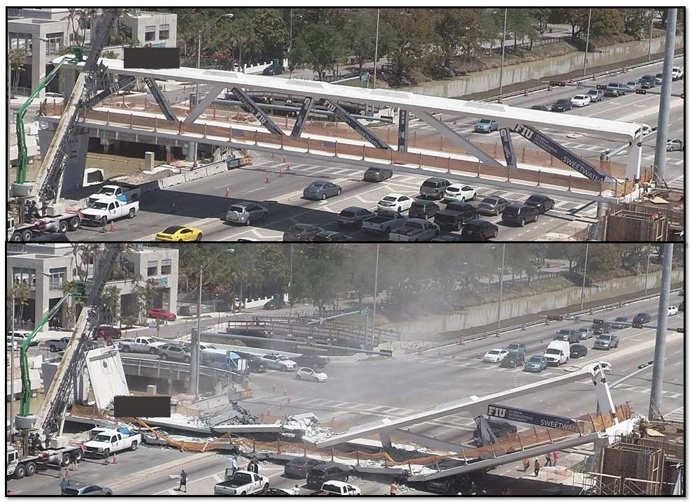 Still images from FIU parking garage camera, showing east views of pedestrian bridge, March 15, 2018, precollapse (top) and post