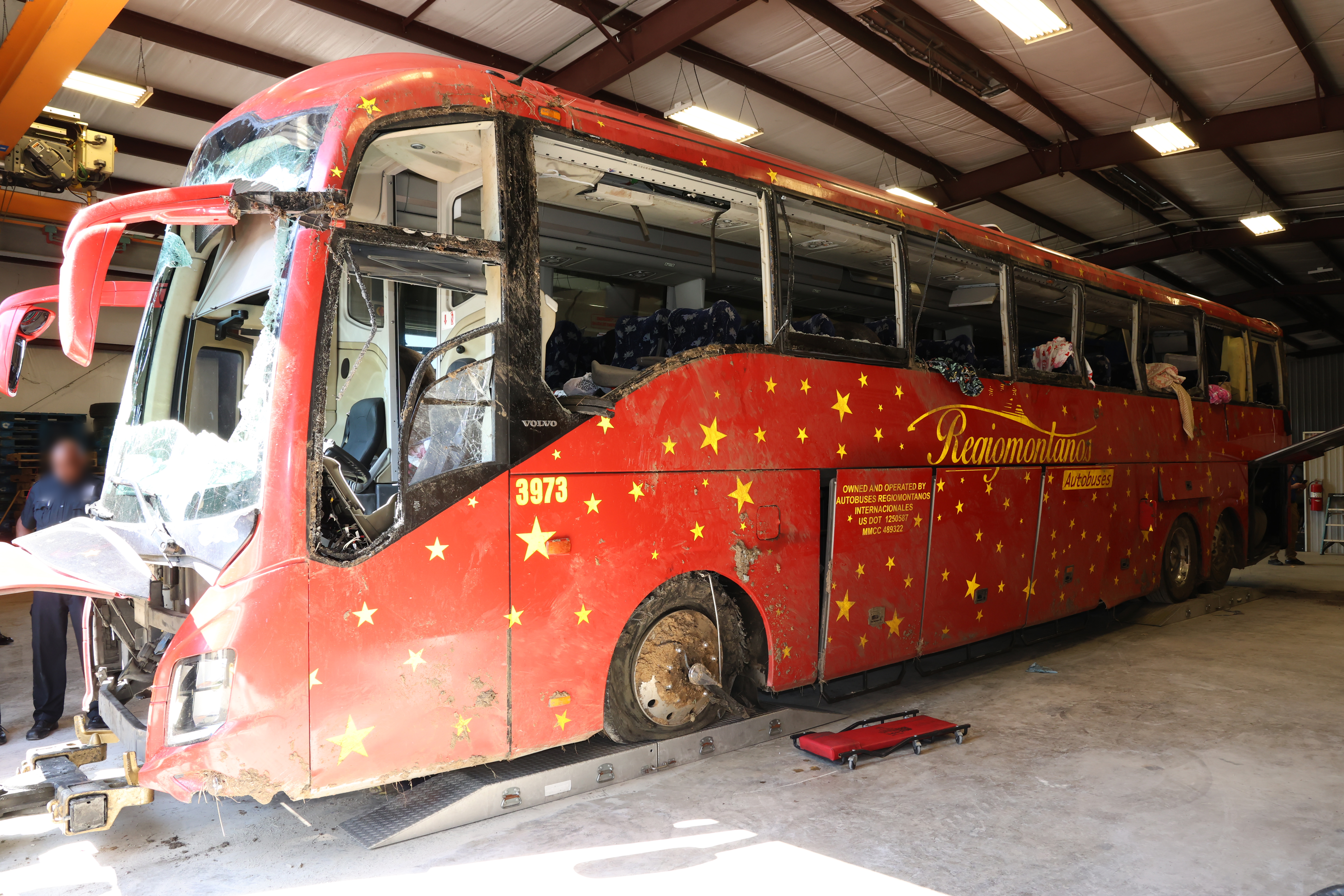 The crash damaged motorcoach. 