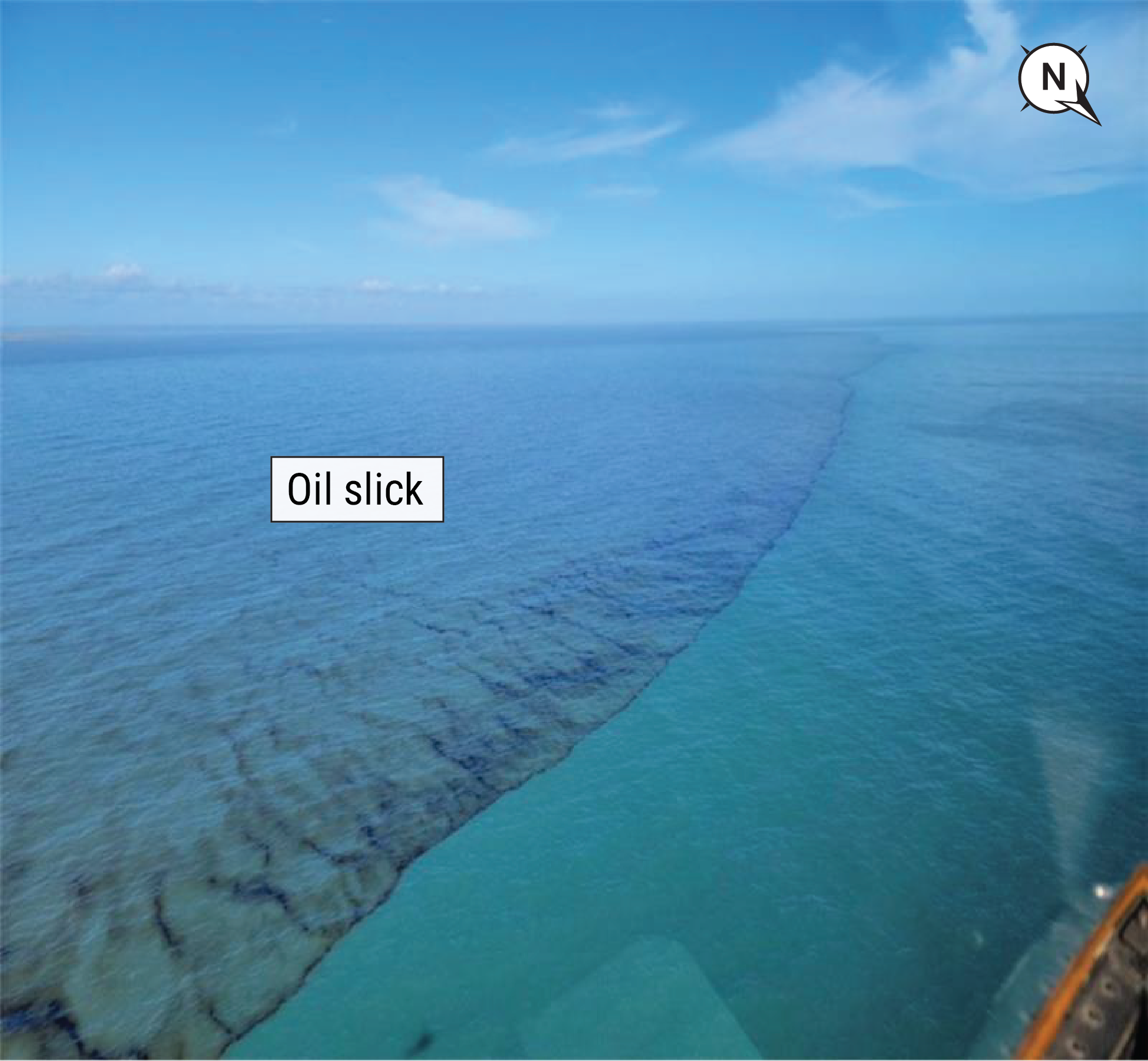 Southwest-facing photograph of the oil slick 80 miles south of New Orleans, Louisiana, in the Gulf of Mexico. 