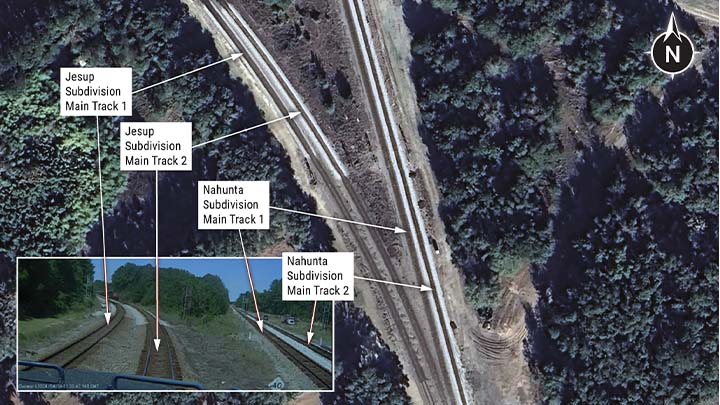 Figure. North-facing aerial photograph of the collision location. (Source: CSX drone footage.)