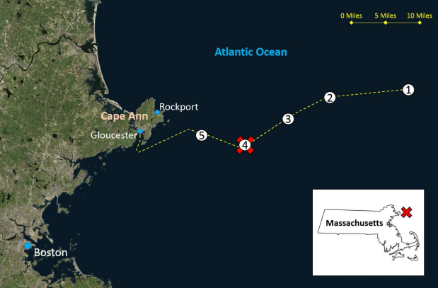 Satellite image showing the approximate locations of critical events during the accident: (1) Orin C taken under tow by fishing 