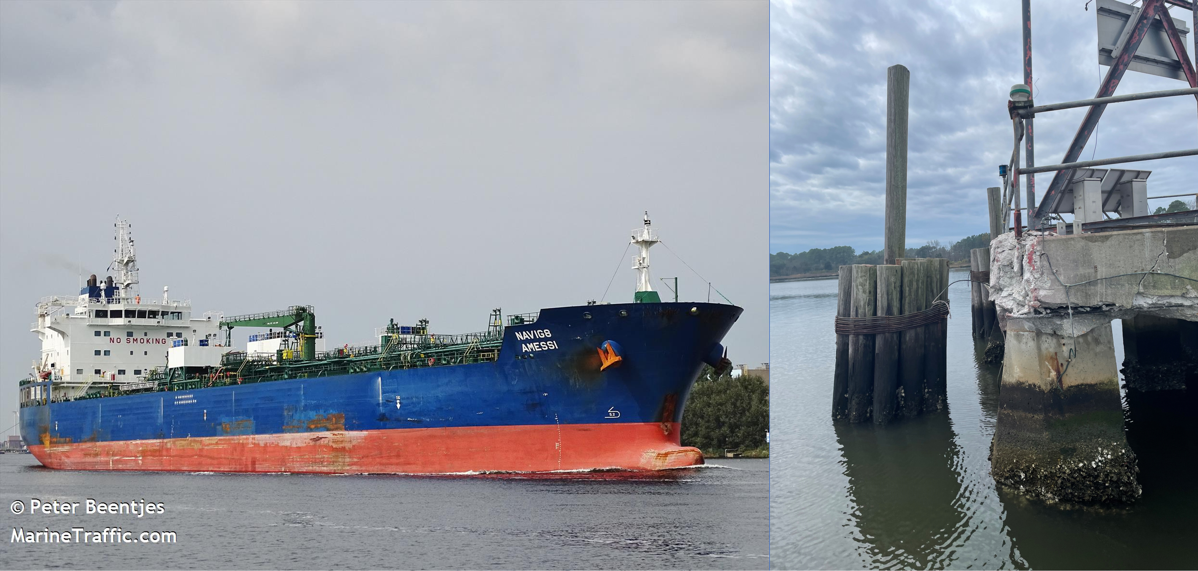 Hafnia Amessi under way in 2018 (left), and damage to Naval Weapons Station Pier B (right). 