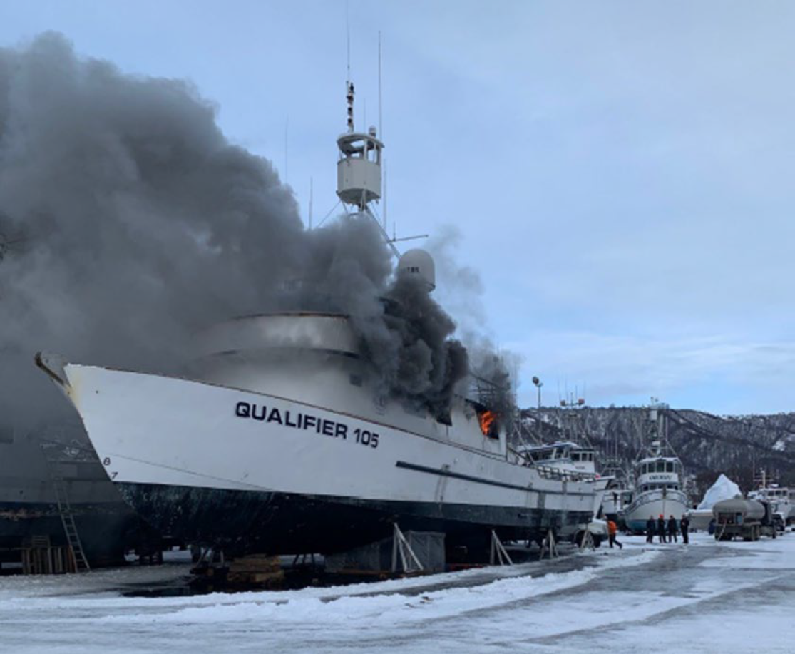 Qualifier 105 on fire in the Northern Enterprises Boat Yard in Homer, Alaska on Jan. 19, 2023. 