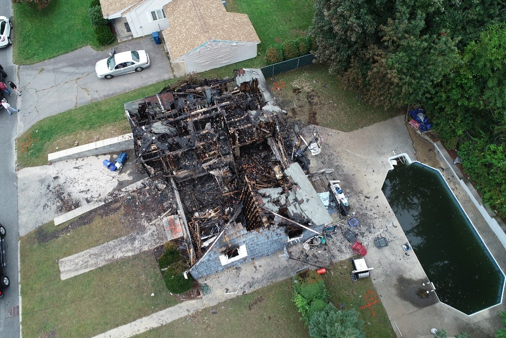 This photo taken Sept. 13, 2018, is an aerial view of a burned-out home impacted by the natural gas explosion and fire 